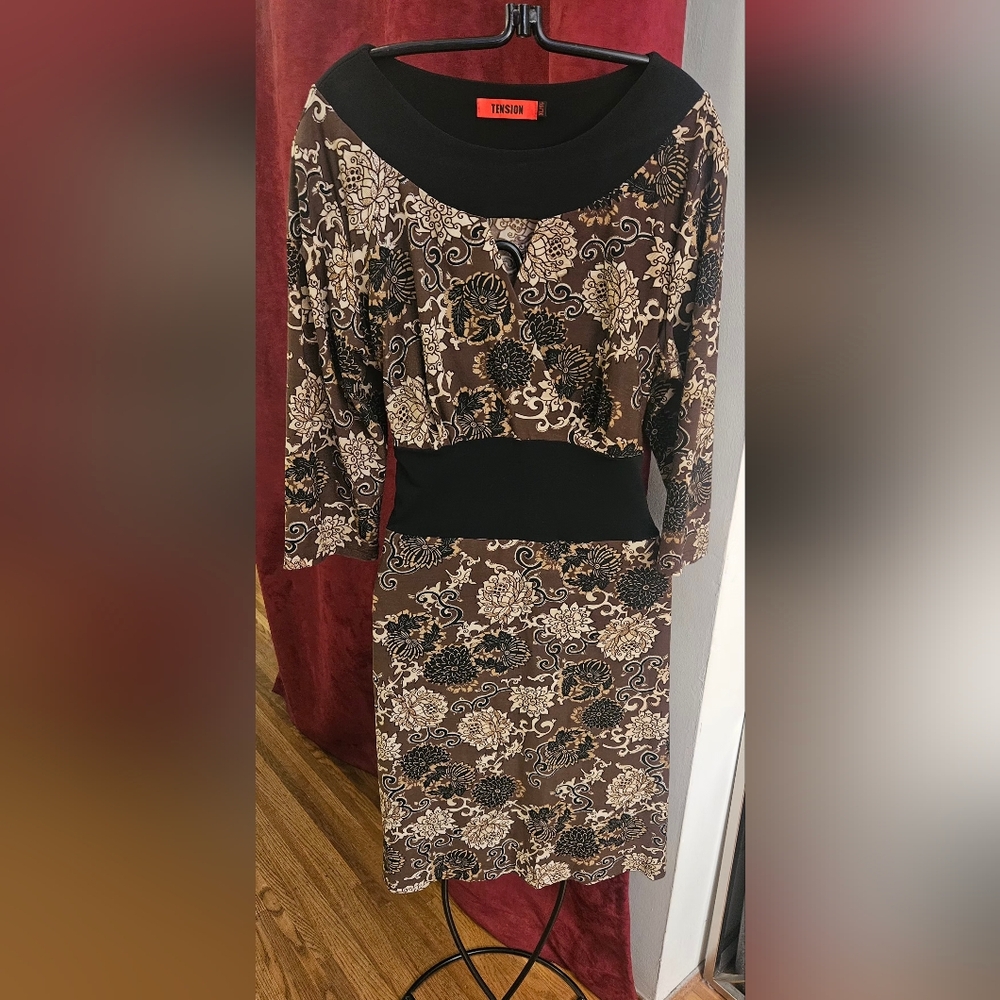 Wrap Black and Brown Patterned Dress With Gold Threading